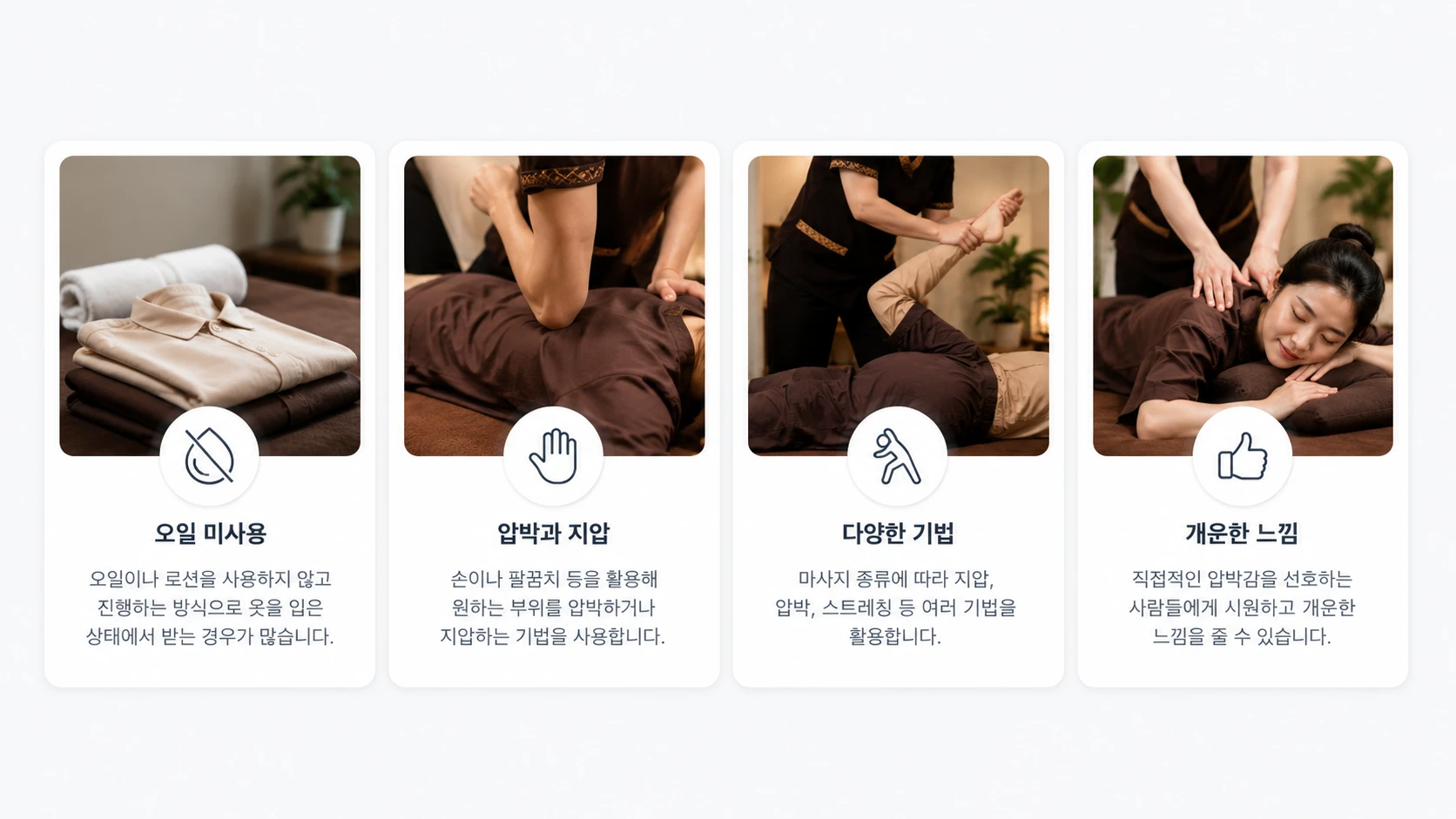 건식 마사지의 주요 특징을 카드형으로 정리한 이미지로, 오일 미사용, 압박과 지압, 다양한 기법, 개운한 느낌을 쉽게 이해할 수 있도록 구성한 인포그래픽