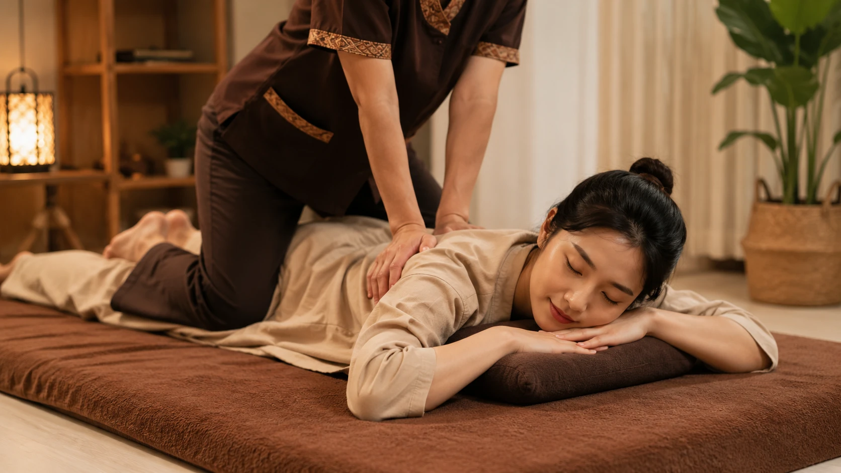 건식 마사지의 기본 개념을 보여주는 이미지로, 이용자가 옷을 입은 상태에서 관리사가 등 부위를 압박하며 관리하는 장면