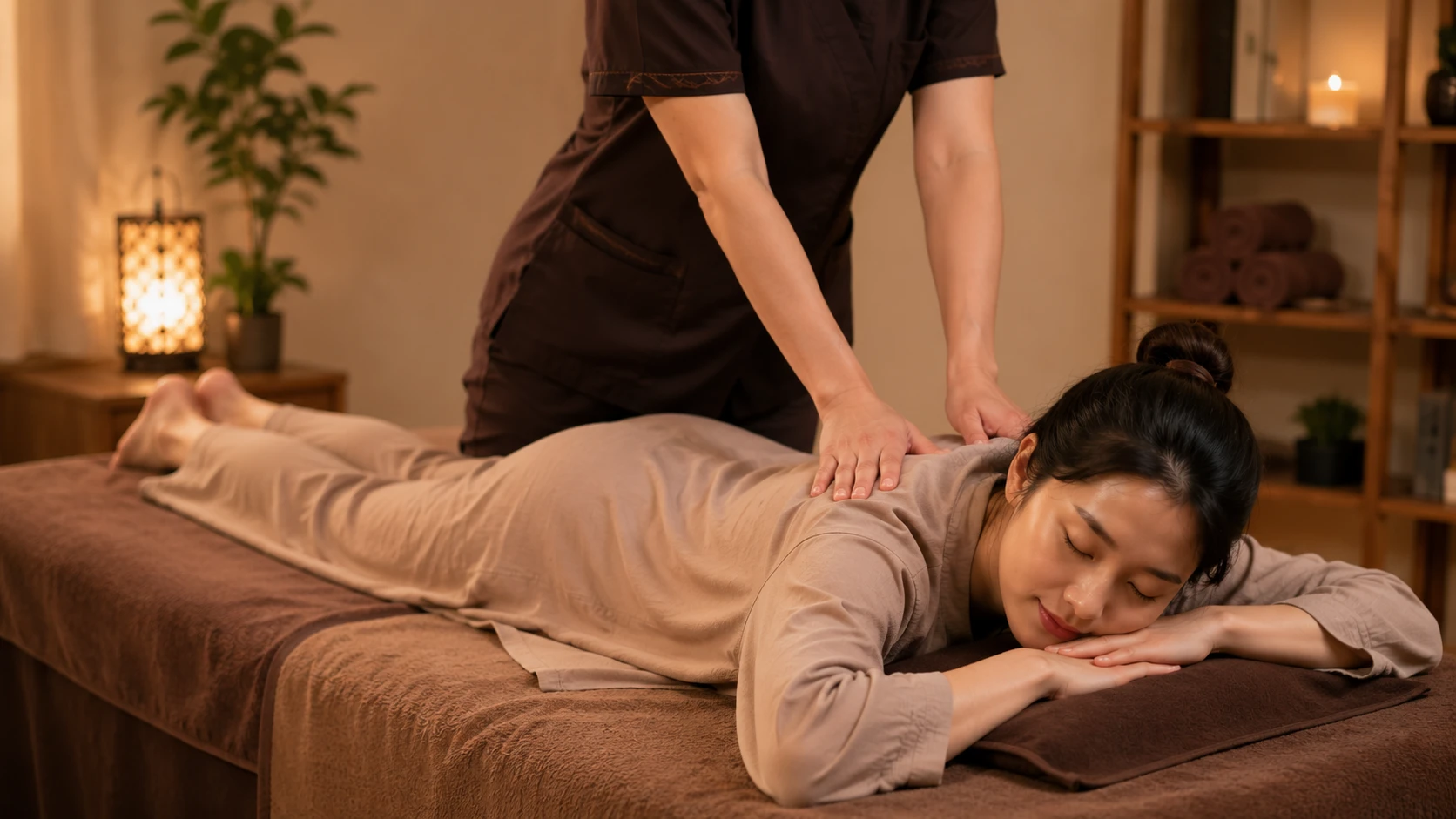 편안한 복장을 입은 이용자가 마사지 베드에 엎드려 있고 관리사가 등과 어깨 부위를 손으로 압박하며 건식 마사지를 진행하는 모습