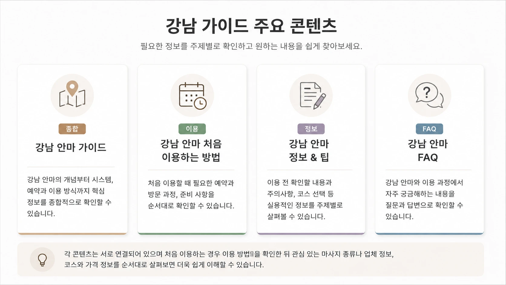 강남 안마 가이드와 처음 이용하는 방법, 정보 & 팁, FAQ를 정리한 강남 가이드 주요 콘텐츠