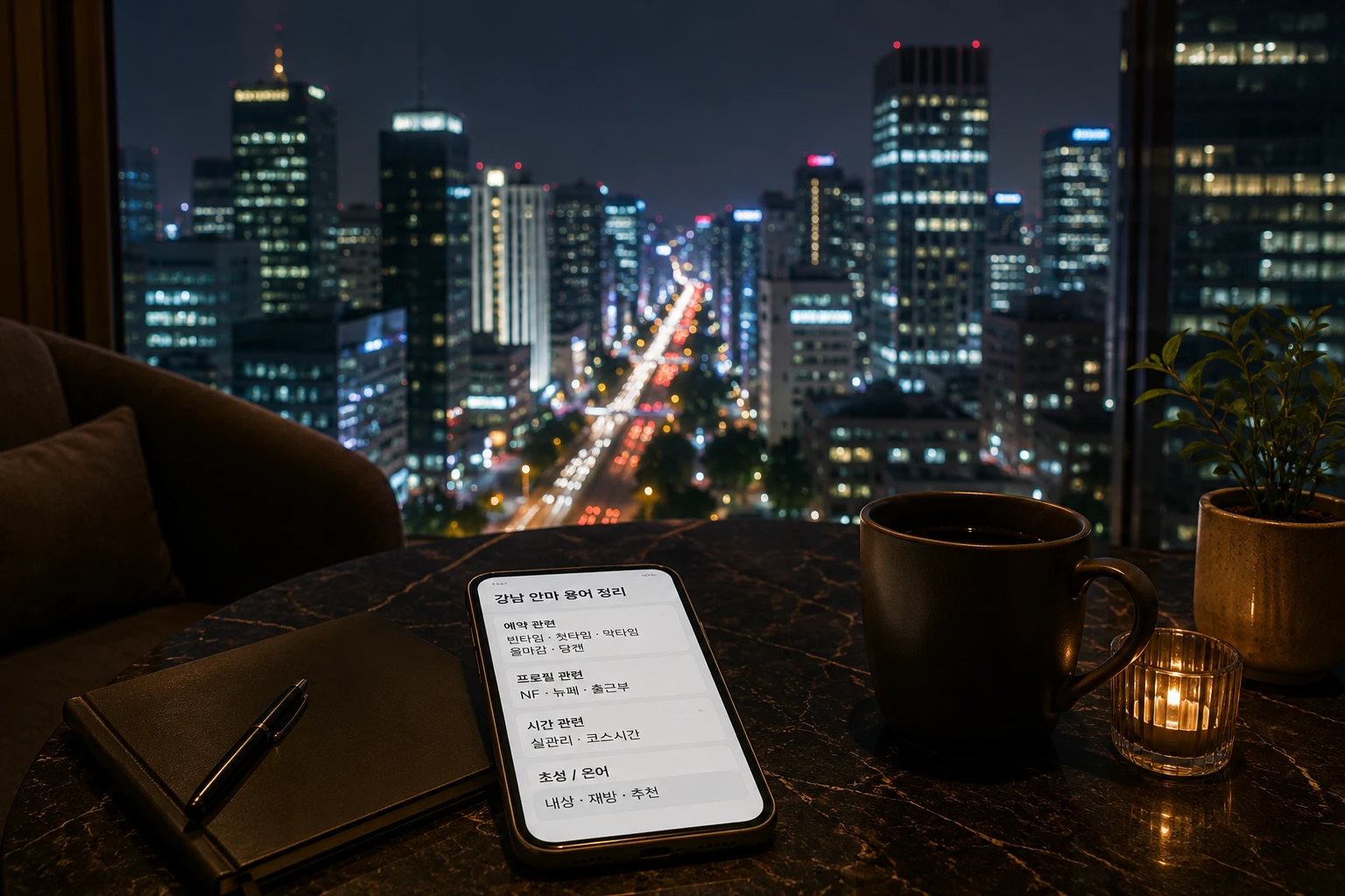 강남 안마 용어 정리를 보여주는 스마트폰과 강남 야경 이미지