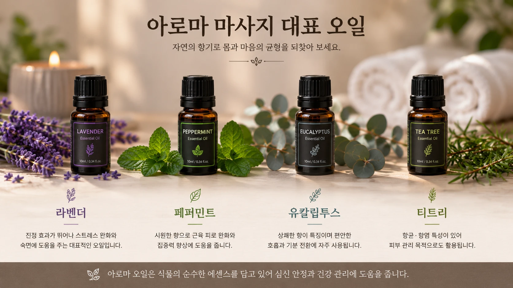 라벤더, 페퍼민트, 유칼립투스, 티트리 등 아로마 마사지에서 자주 사용하는 에센셜 오일의 특징을 카드 형식으로 정리한 이미지