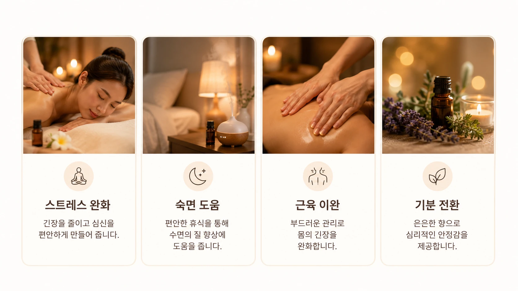 스트레스 완화, 숙면 도움, 근육 이완, 기분 전환 등 아로마 마사지의 주요 효과를 카드 형식으로 정리한 이미지