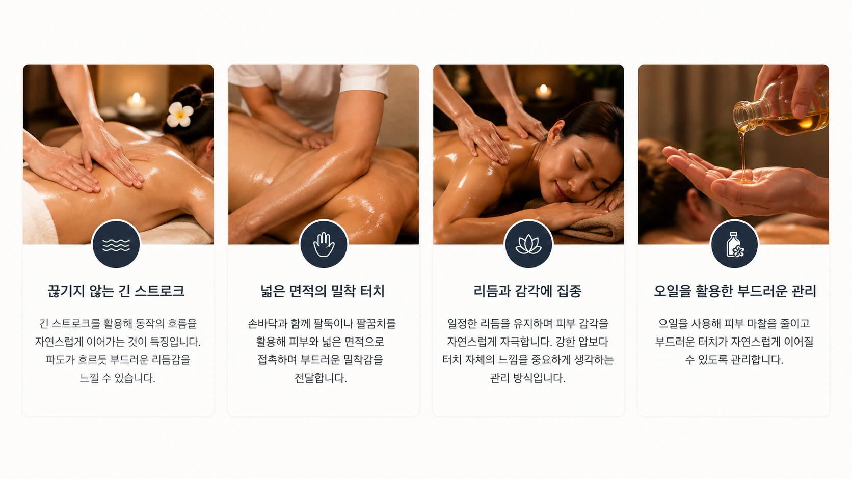 로미로미 마사지의 주요 특징을 카드 형태로 정리한 인포그래픽