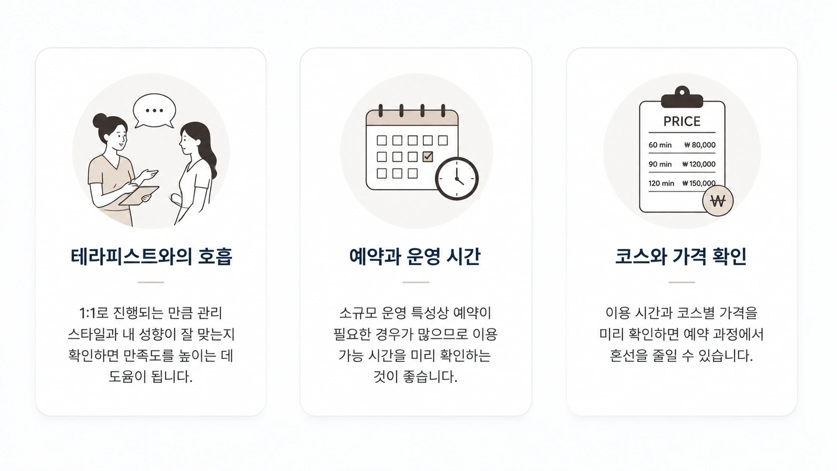 1인샵 마사지 선택 시 확인해야 할 테라피스트와의 호흡, 예약 운영 시간, 코스와 가격 정보를 카드 형태로 정리한 인포그래픽